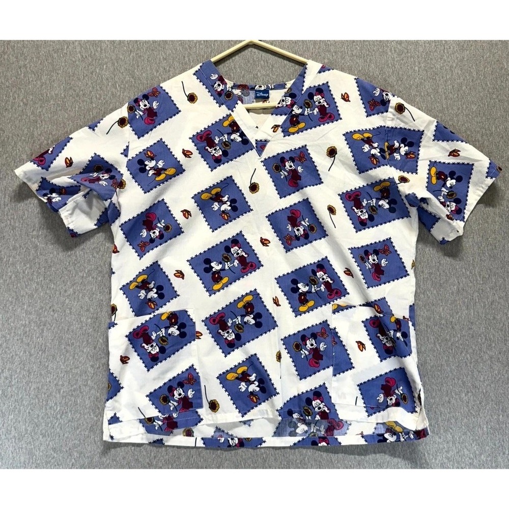 Disney Scrub Top Unisex Blue White Mickey Mouse Graphic Cotton High Low Hem XL